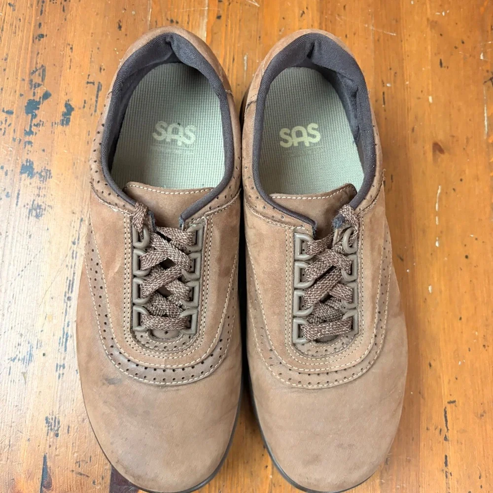 SAS Walk Easy Brown Nubuck‎ Leather Walking Shoes Womens 7W Made in USA Comfort